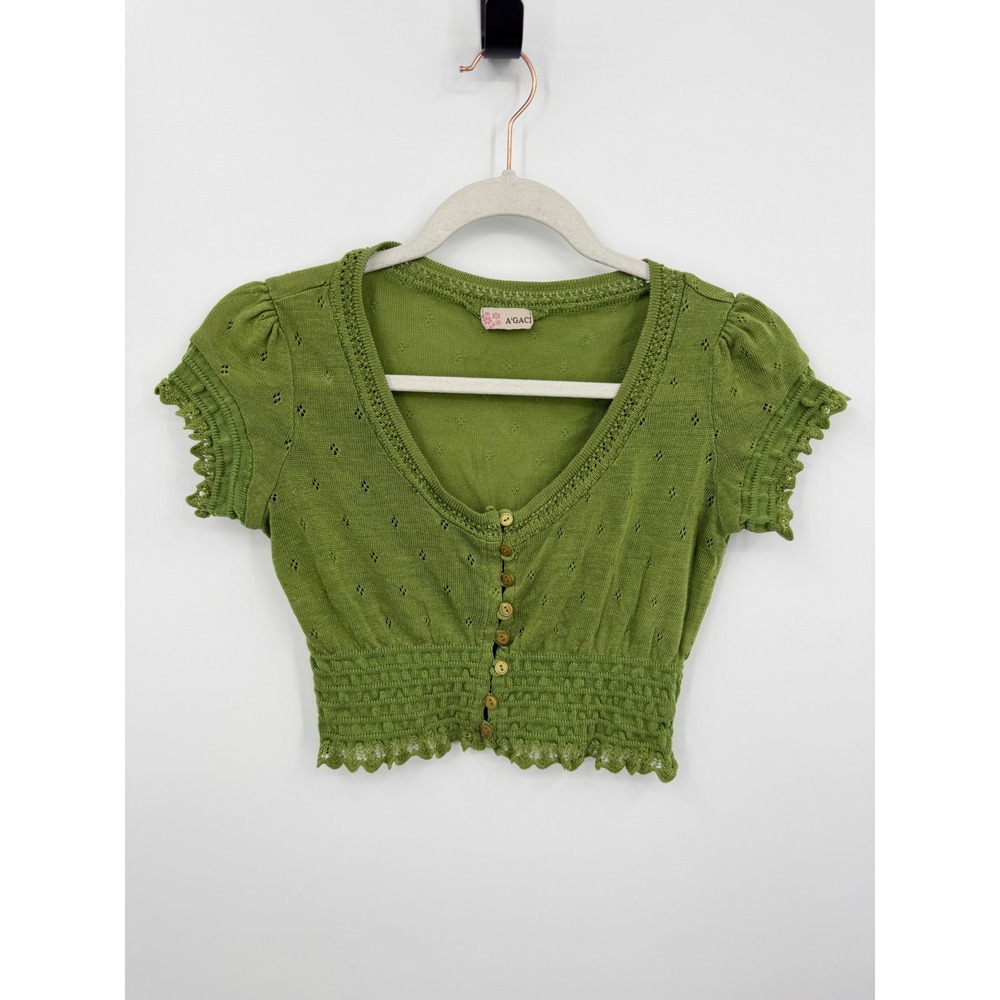 A'GACI Pointelle Knit Cardigan Women Small Green Cropped Smocked V-Neck Top USA